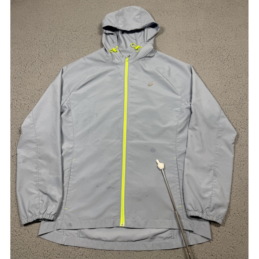 ASICS Jacket‎ Womens Medium Blue Hooded Full Zip Running Windbreaker Reflective
